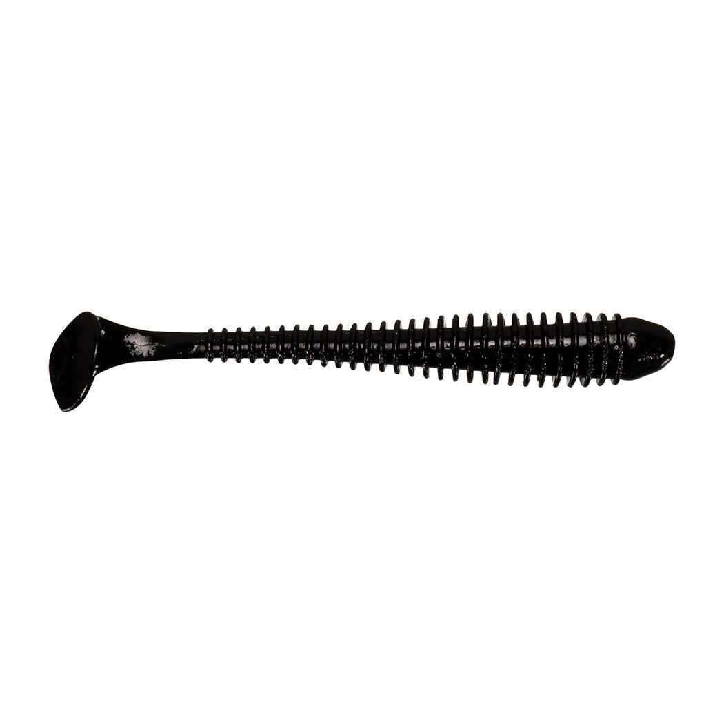 Keitech Swing Impact 3.5" + 4" soft plastic fishing lure in black with ribbed body and paddle tail, designed for effective action in fishing tackle setups.