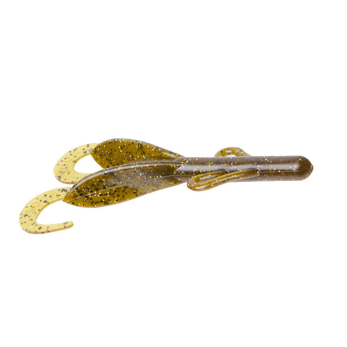 Zoom Brush Hog soft fishing lure in translucent green with black speckles and curly tail design, used for freshwater fishing tackle targeting musky.