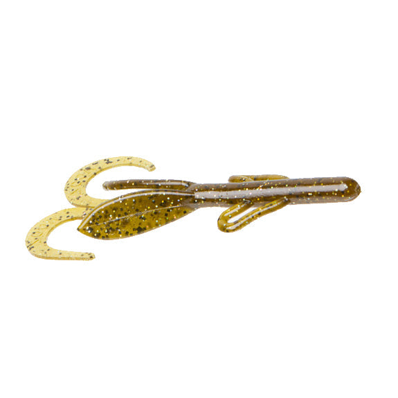Zoom Baby Brush Hog soft plastic fishing lure in a translucent green and gold speckled color with multiple curved appendages designed to mimic aquatic prey.