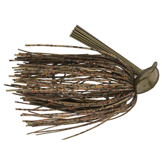 Dirty Jigs Tour Level Pitchin' Jig with a dense skirt of brown and orange flecked strands, a weighted head, and durable weed guard for fishing tackle use.