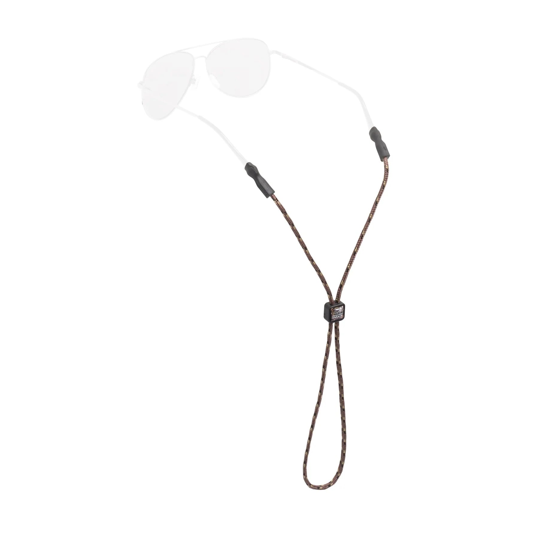 Chums Universal Fit 3mm Sunglasses Retainer in camo pattern, designed to securely hold sunglasses in place during outdoor activities like fishing and boating.