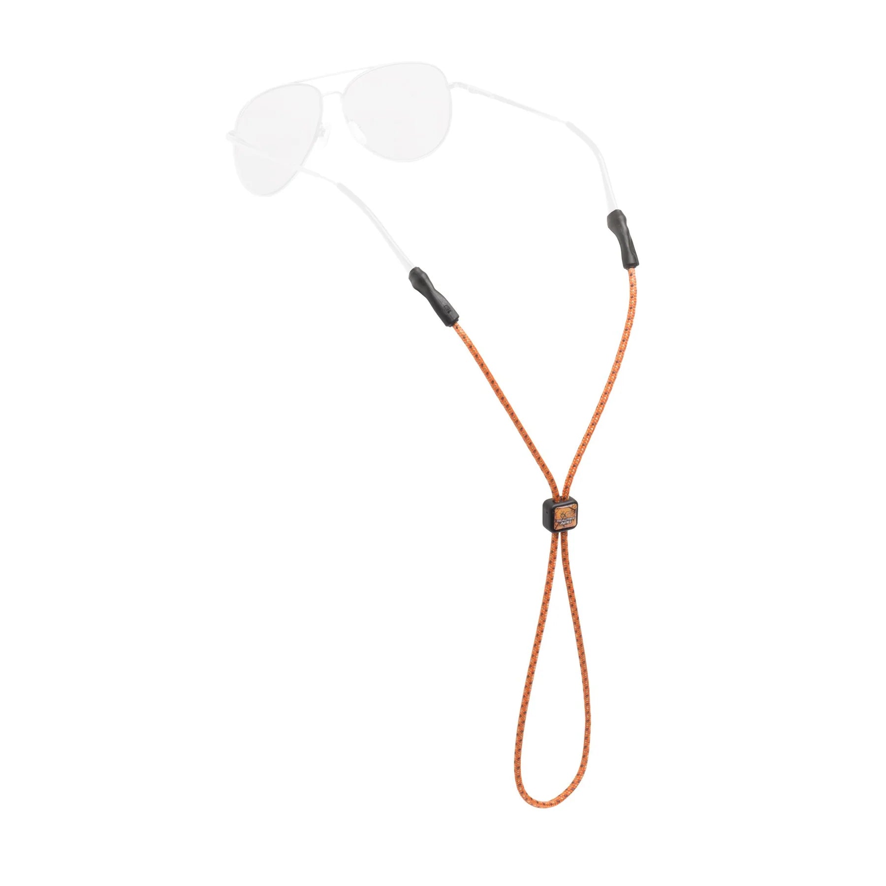 Chums Universal Fit 3mm Sunglasses Retainer in orange braided cord with adjustable black sliders, shown attached to a pair of sunglasses to secure them during outdoor fishing activities.