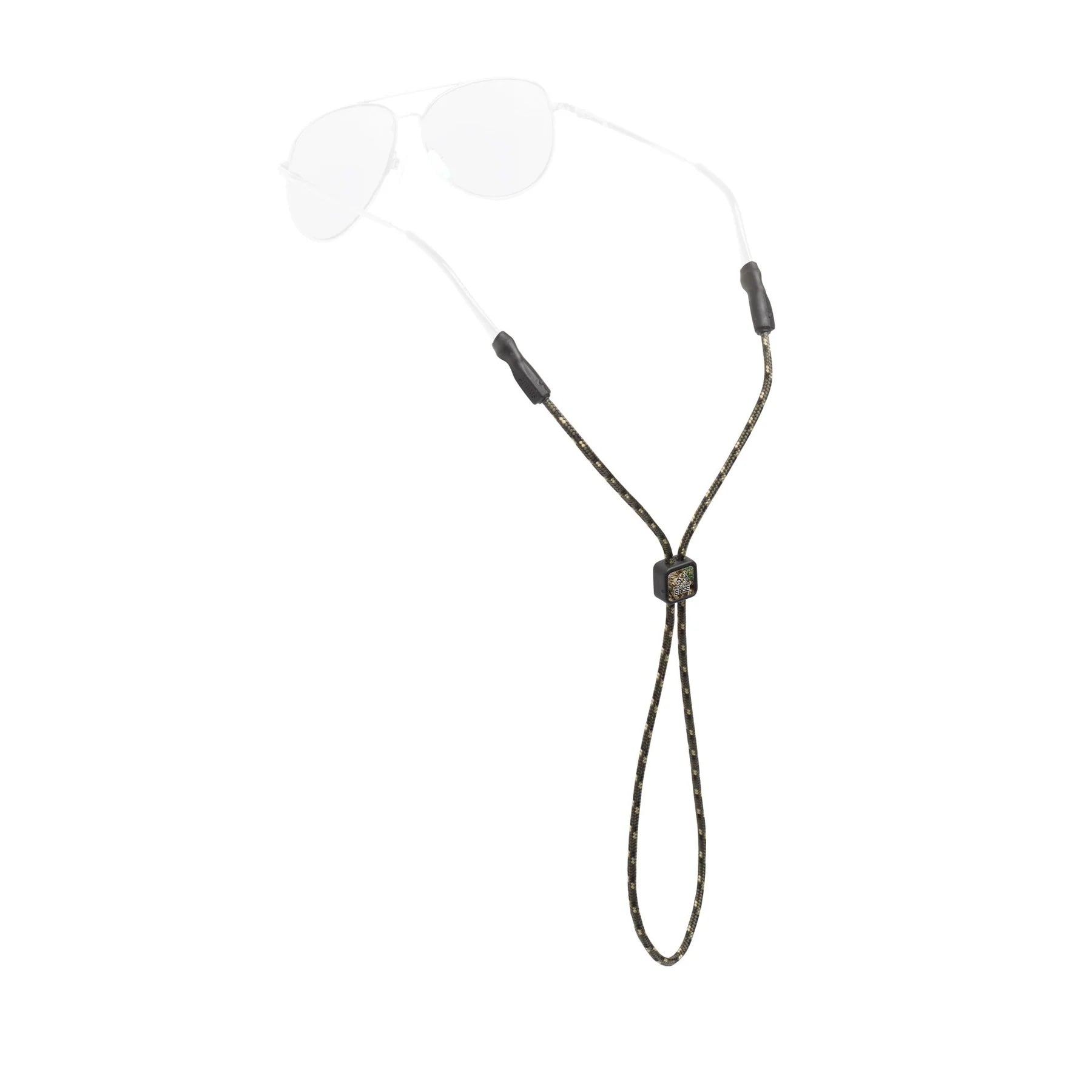 Chums Universal Fit 3mm Sunglasses Retainer in camo pattern, designed to securely hold sunglasses around the neck for fishing and outdoor activities.