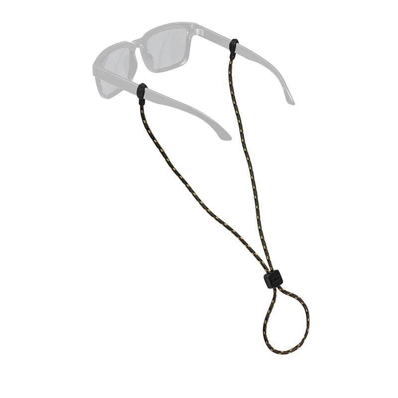 Chums Slip Fit Sunglasses Retainer in olive and gold colors, shown attached to sunglasses with adjustable cord designed for secure wear during fishing and outdoor activities.