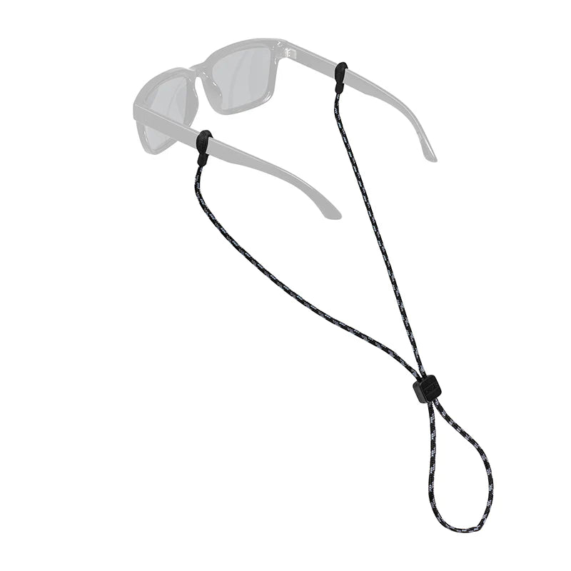 Chums Slip Fit Sunglasses Retainer in black and silver attached to gray sunglasses, featuring adjustable cord and secure grips for fishing tackle and outdoor use.