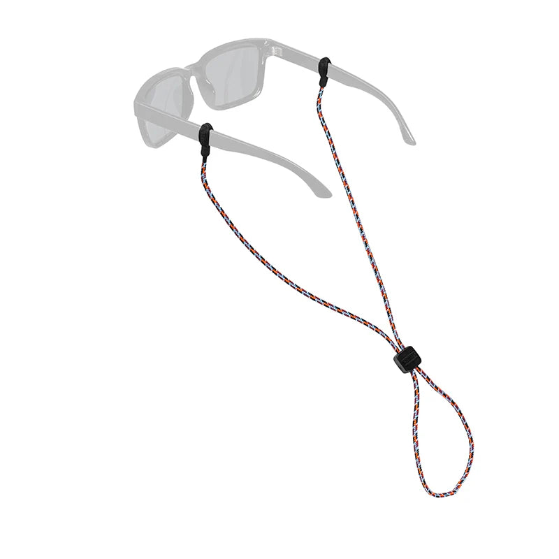 Chums Slip Fit Sunglasses Retainer in brick orange color, designed to securely hold sunglasses with adjustable length braided cord for outdoor and fishing activities.