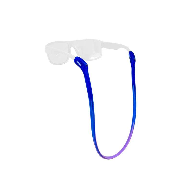 Chums Switchback Sunglasses Retainer in blue to periwinkle gradient, designed to securely hold sunglasses during outdoor fishing and water activities.