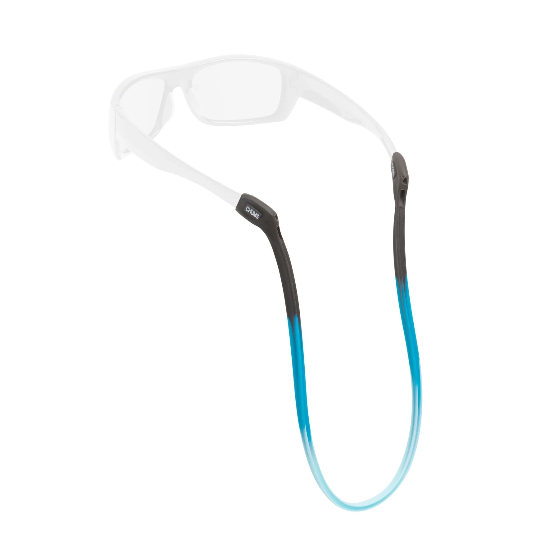 Chums Switchback Sunglasses Retainer in black and blue fade, designed to secure sunglasses comfortably around the neck for outdoor fishing and water activities.