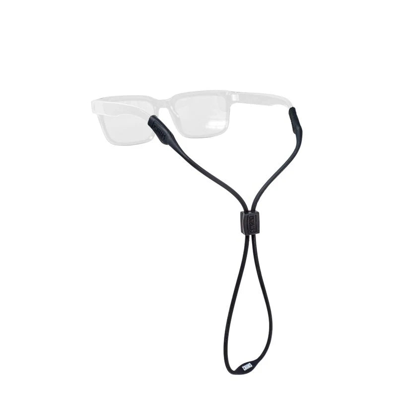 Chums SLIM Sunglasses Retainer in black, featuring adjustable cord with silicone ends designed to securely hold fishing and outdoor eyewear.