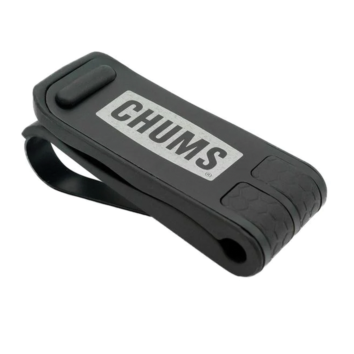 Black and gray Chums Glasshopper Visor Clip made of durable plastic and rubber, designed to securely hold sunglasses or small accessories on a fishing visor or hat.
