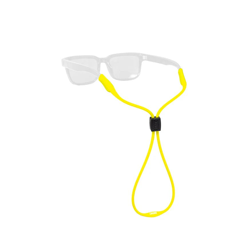 Chums SLIM Sunglasses Retainer in bright yellow, designed to securely hold sunglasses with adjustable black slider for a comfortable fit during fishing and outdoor activities.