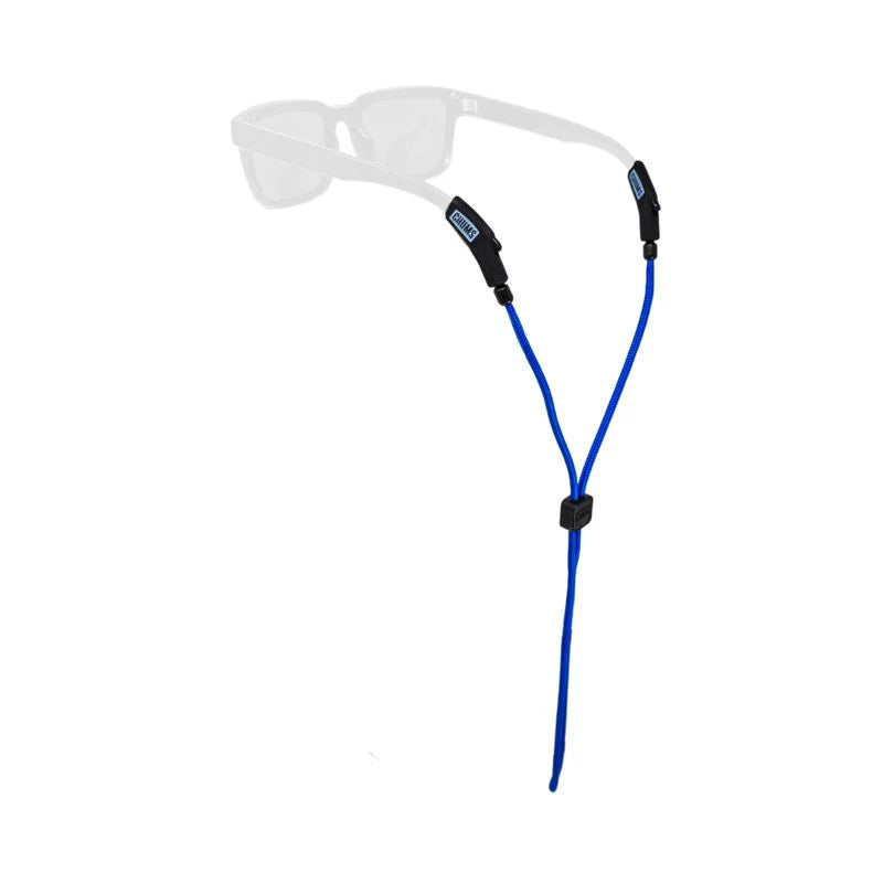 Chums Ripcord 3mm Sunglasses Retainer in blue with black adjustable ends, designed to securely hold sunglasses around the neck for fishing and outdoor activities.