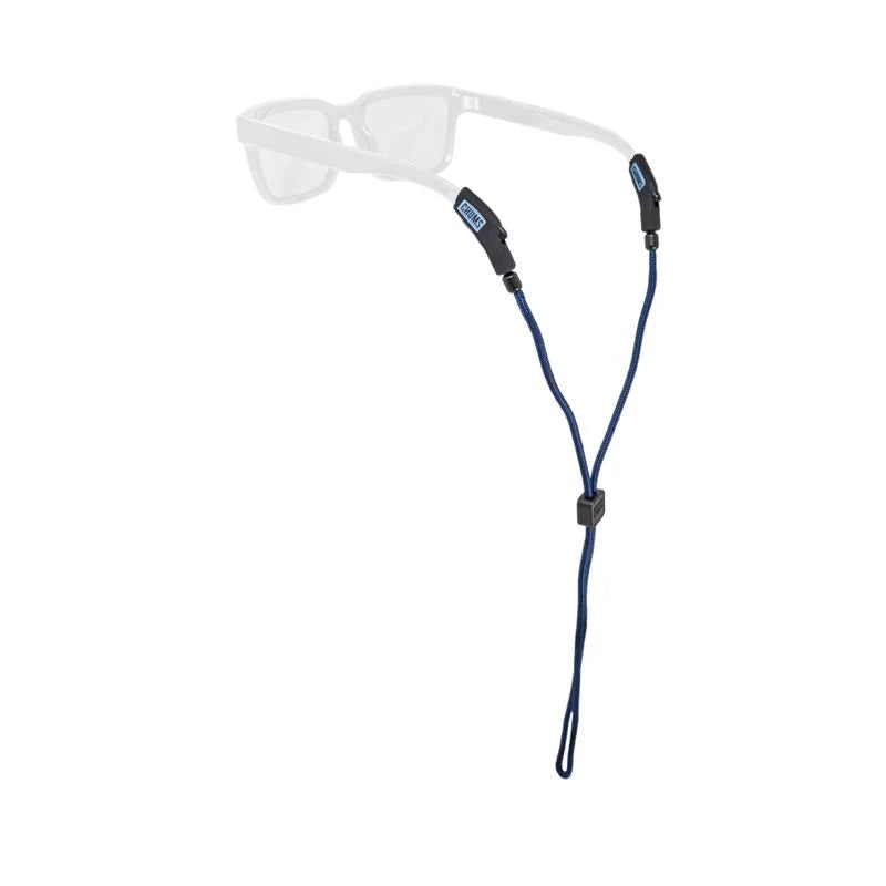 Chums Ripcord 3mm Sunglasses Retainer in navy blue, featuring durable cord with adjustable slider and secure attachments for fishing tackle and outdoor use.
