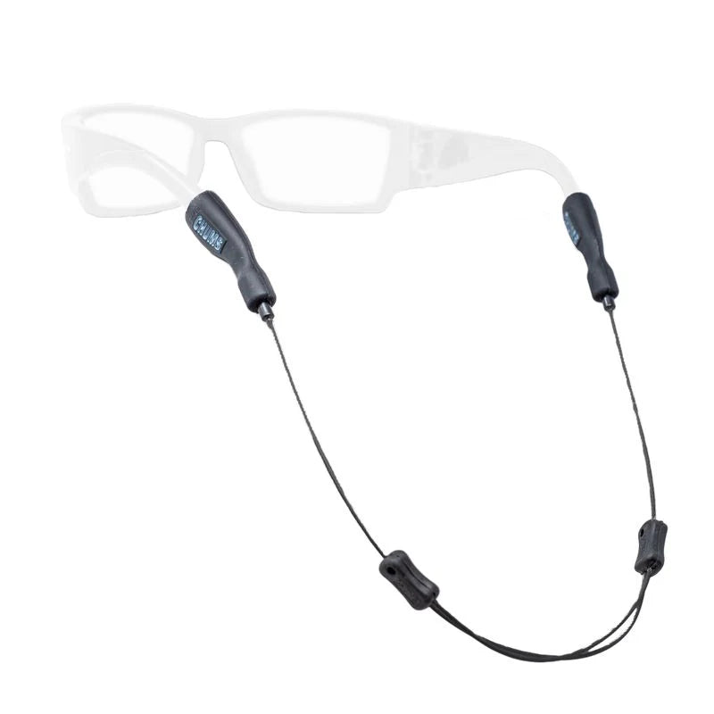 Chums Tideline Adjustable Sunglasses Retainer shown attached to a pair of eyeglass temples, featuring black adjustable ends and a durable cord designed to secure sunglasses during fishing and outdoor activities.