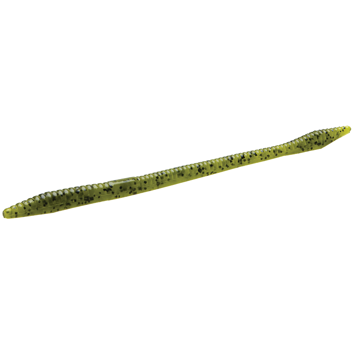 Zoom Bait Company Trick Worm fishing lure in translucent green with black speckles, designed for use in fishing tackle to attract game fish.