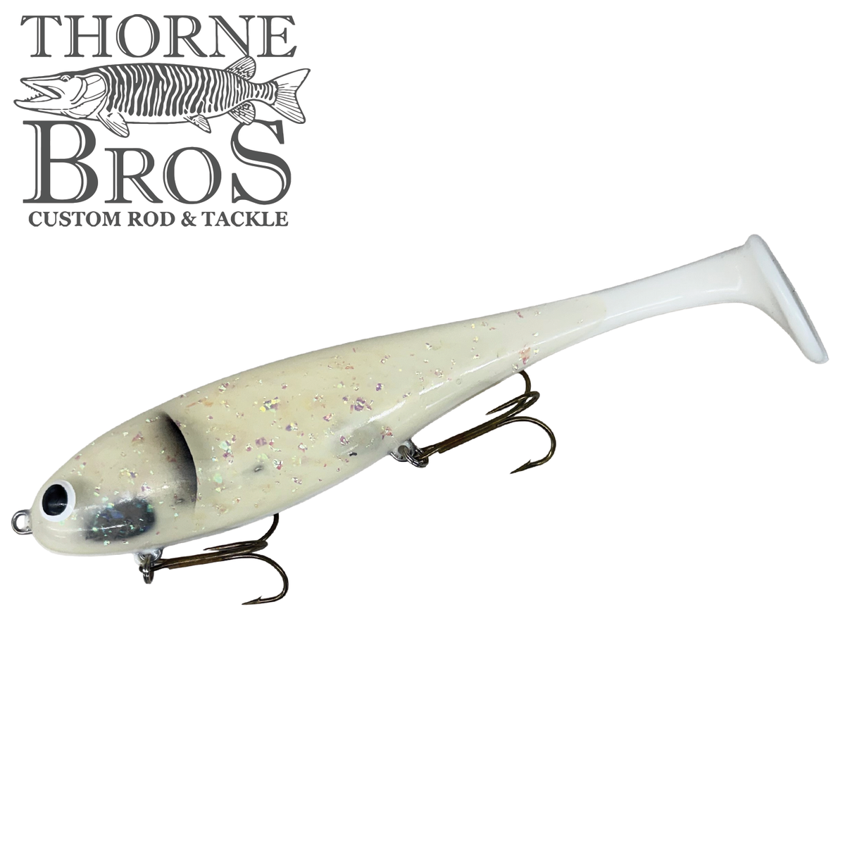 Musky Innovations Magnum Swimmin' Dawg - SHALLOW soft plastic fishing lure with pale glitter body molded tail and treble hooks for musky tackle