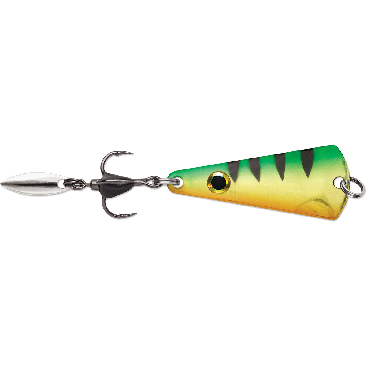 VMC Bladed Tingler Spoon fishing lure with green and yellow striped body silver blade black treble hook and large eye for musky fishing tackle