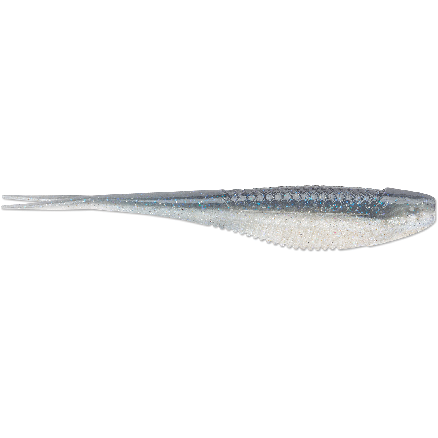 Rapala CrushCity The Jerk soft plastic fishing lure in a translucent gray and white color with speckled glitter, designed to mimic baitfish for effective fishing tackle use.