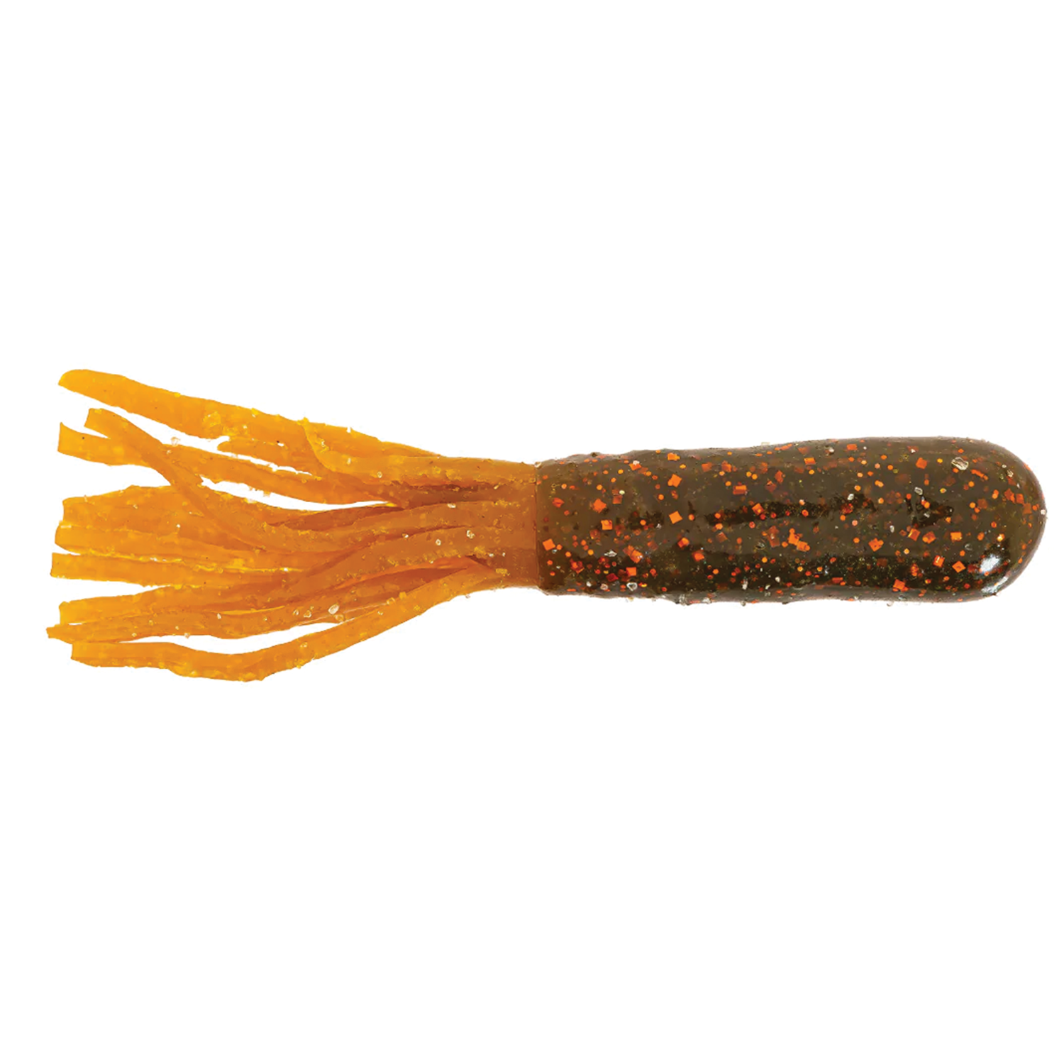 Soft fishing lure with a dark brown, orange-speckled body and multiple flexible, orange tentacle-like appendages, designed as the X-Zone X-Tubes fishing tackle.