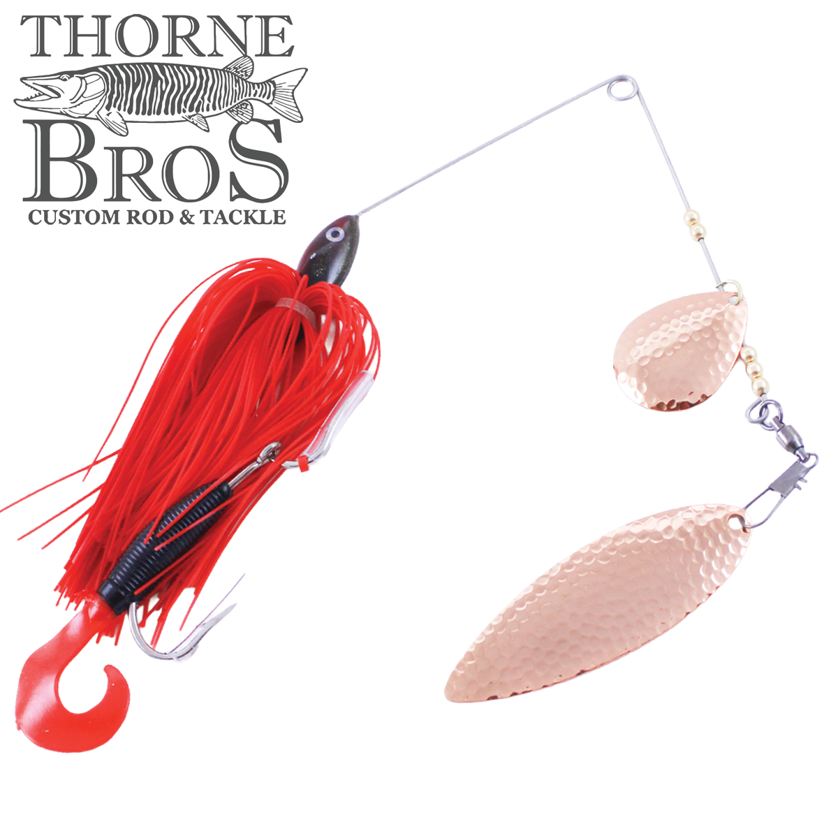 Ace Baits Small Spinnerbait red skirted fishing lure with twin copper spinner blades and soft plastic trailer for musky fishing tackle