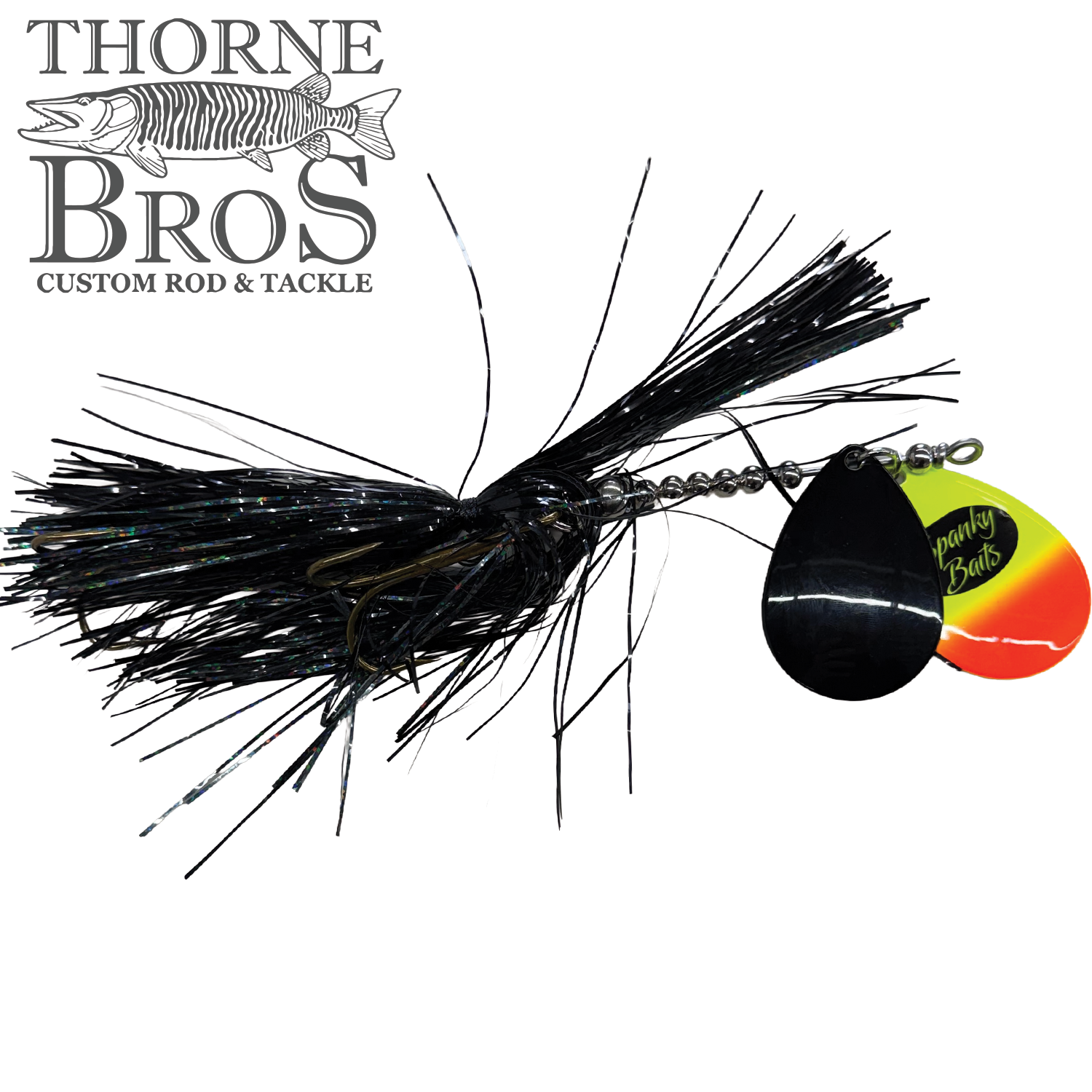 Spanky Baits Fireball 8" fishing lure featuring a black skirt with shimmering strands and two spinner blades in black and yellow-orange for attracting musky.