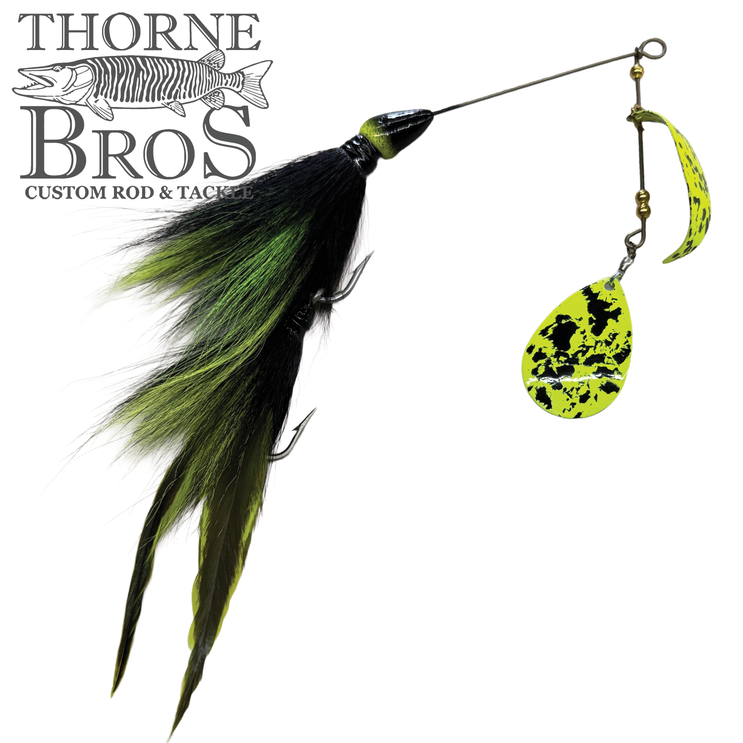 CJ'S Large Tandem Clicker fishing lure with vibrant black and green feathers and two yellow and black spotted spinner blades, designed for musky fishing tackle.