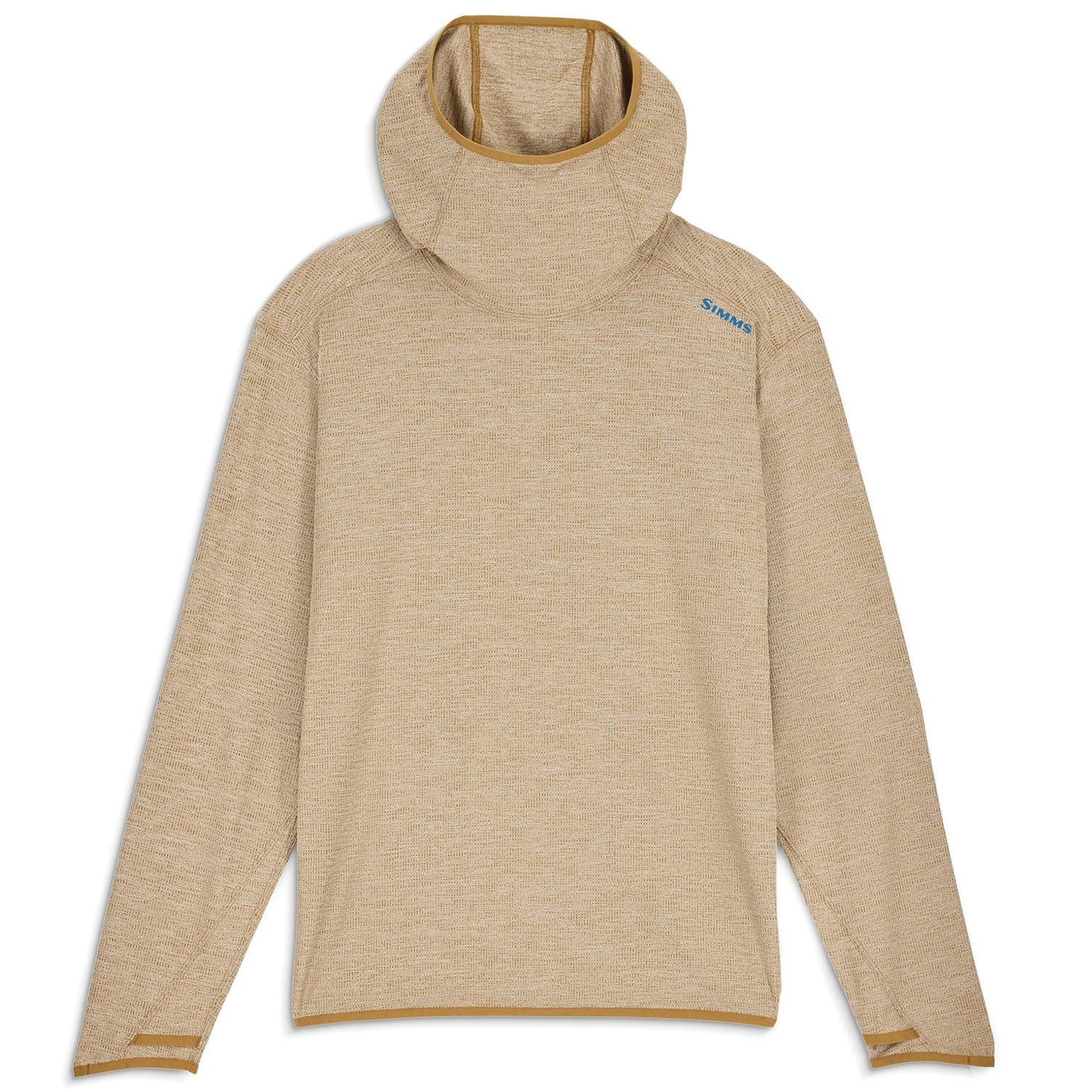 Simms Stone Cold Hoody - Men's in light tan, long sleeve with attached hood, moisture-wicking fabric designed for fishing and outdoor activities.