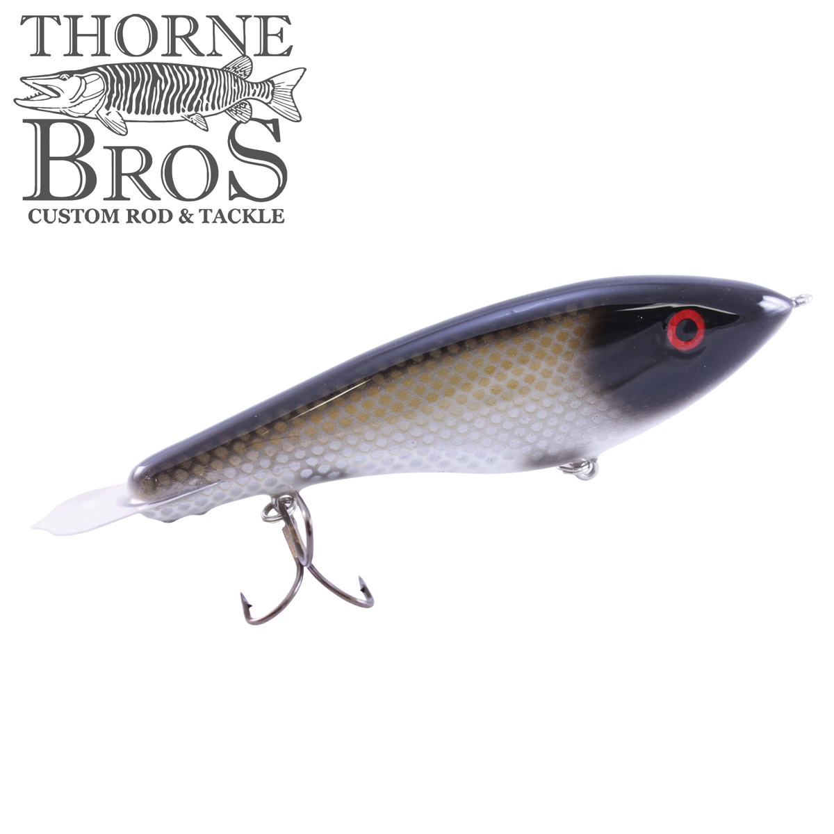 Bitten Warlock - MAG. musky fishing lure with a silver scale pattern dark back red eye clear diving lip and treble hooks beside the Thorne Bros logo