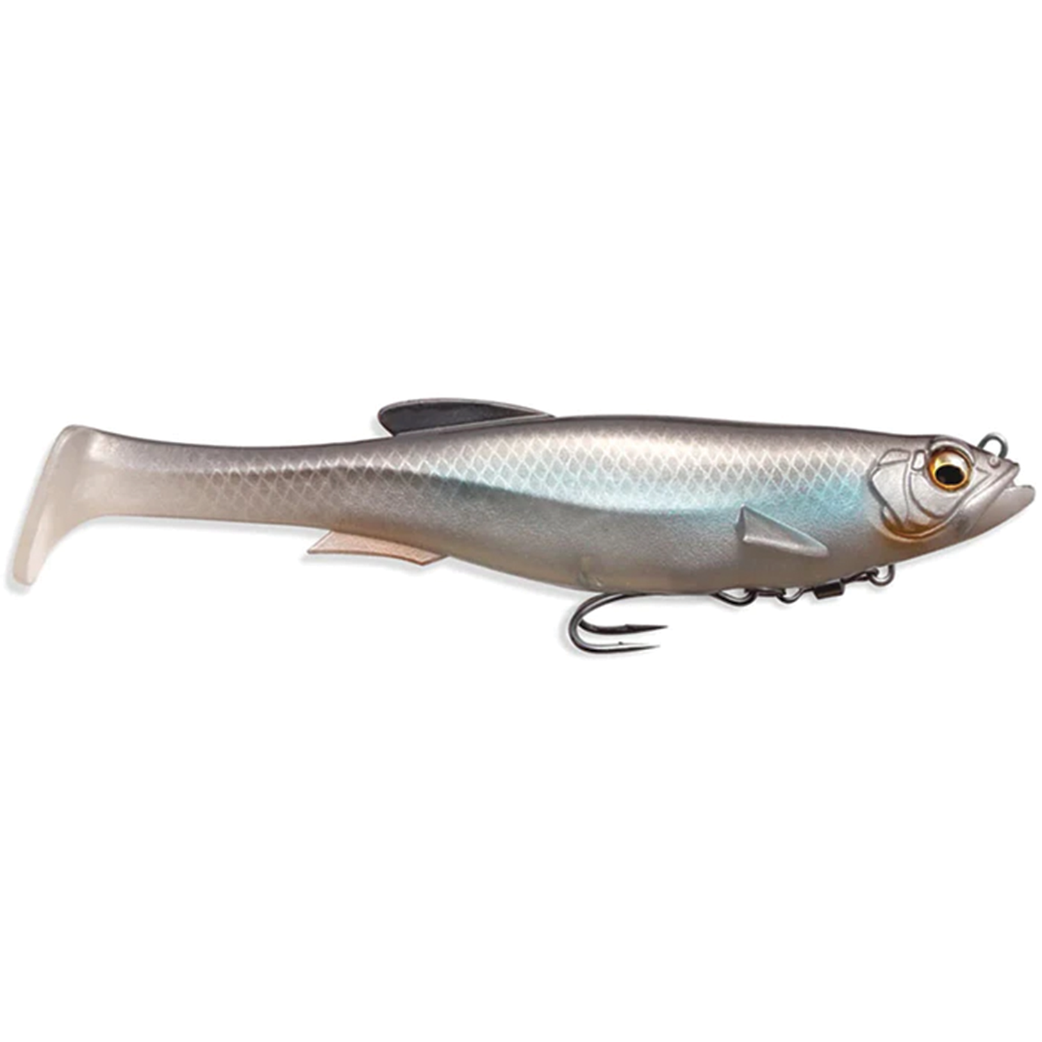 Megabass Magdraft soft fishing lure designed to mimic a small baitfish with a silver and gray body, detailed scales, and a treble hook for effective fishing tackle.