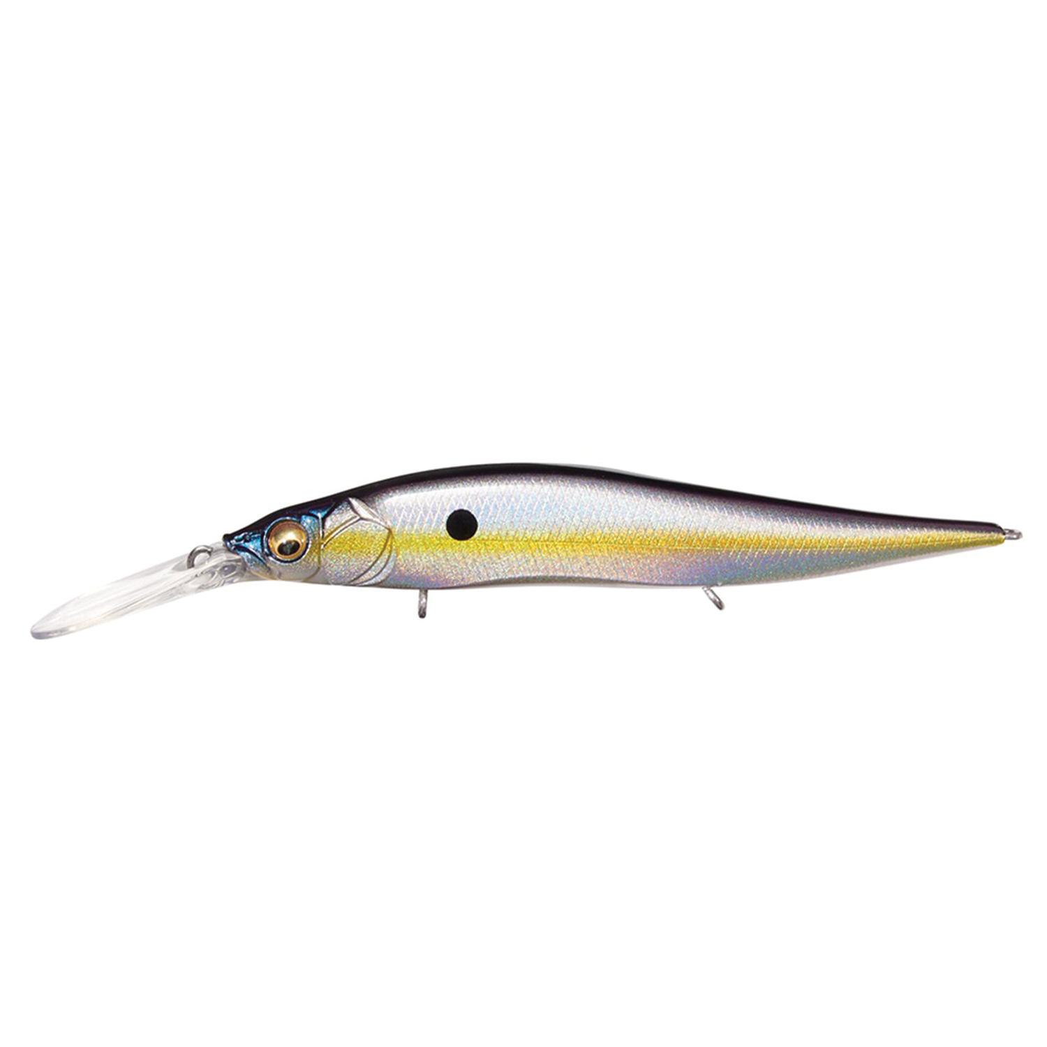 Megabass Vision 110+2 Jr. fishing lure with a sleek, elongated body, reflective silver and gold finish, realistic eye detail, and clear diving lip for effective fishing tackle use.