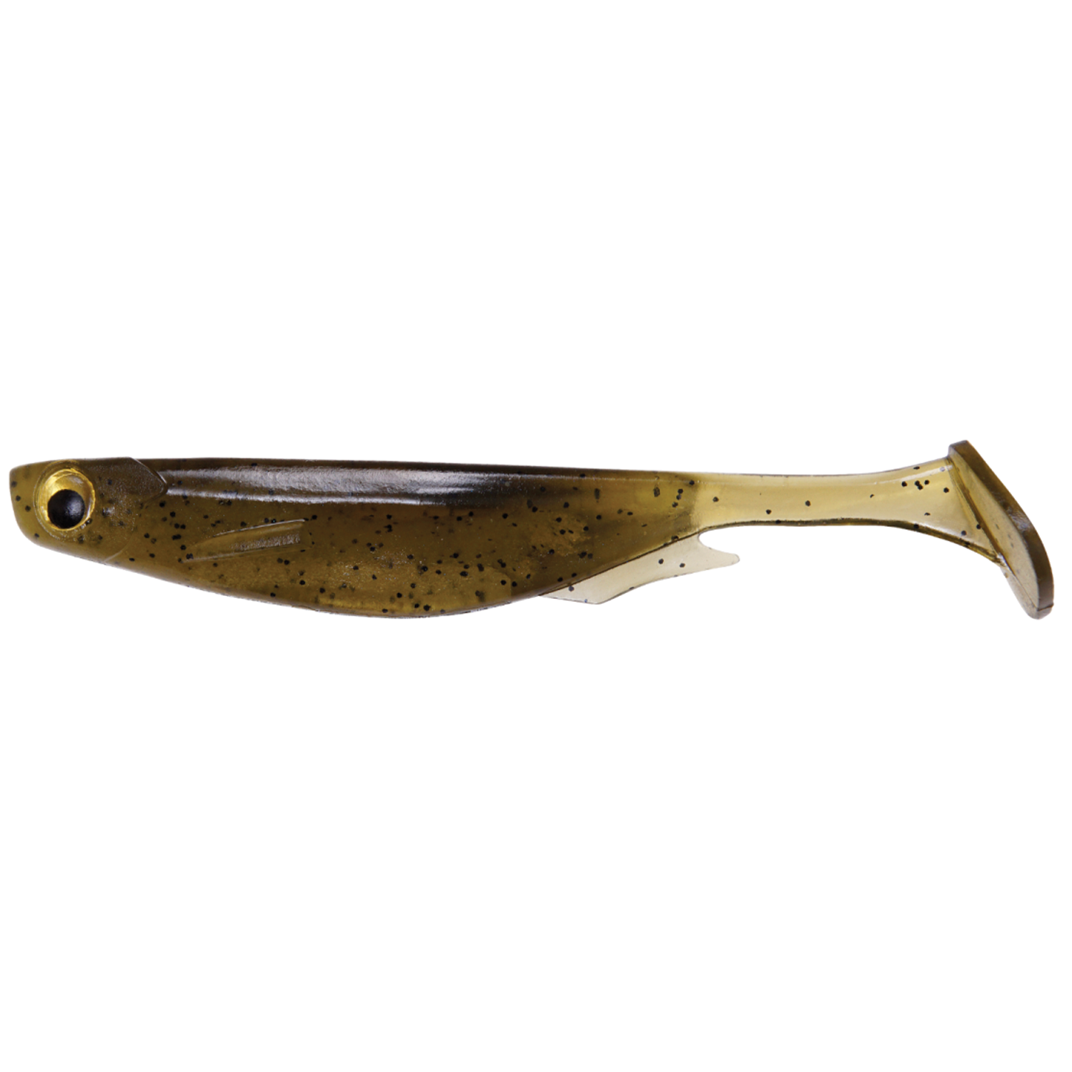 Megabass Spark Shad USA fishing lure in translucent brown and tan with black speckles, designed for use as fishing tackle in freshwater or saltwater environments.