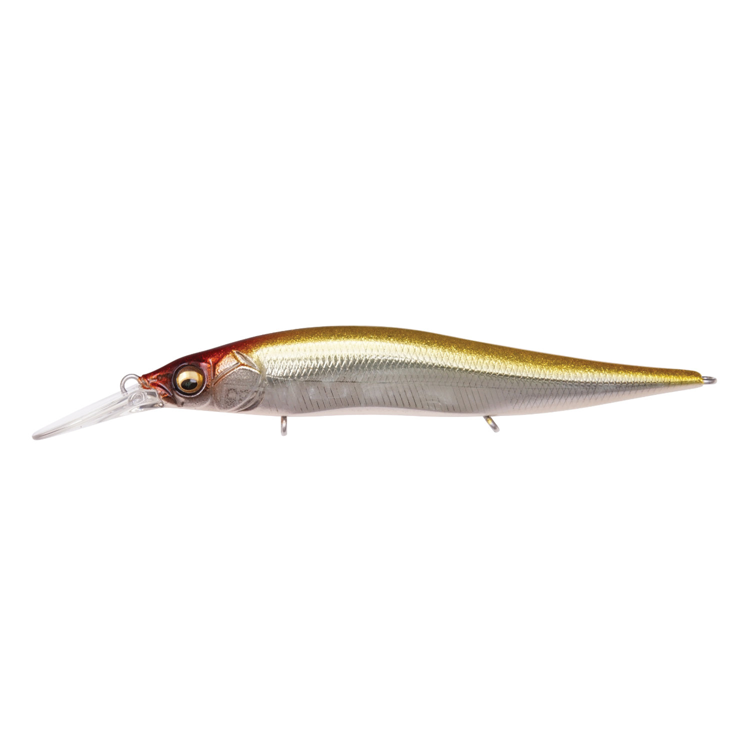 Megabass Vision 110+1 Jr. fishing lure with a sleek, elongated body featuring a gold and silver finish, detailed eyes, and a clear diving lip for freshwater fishing.