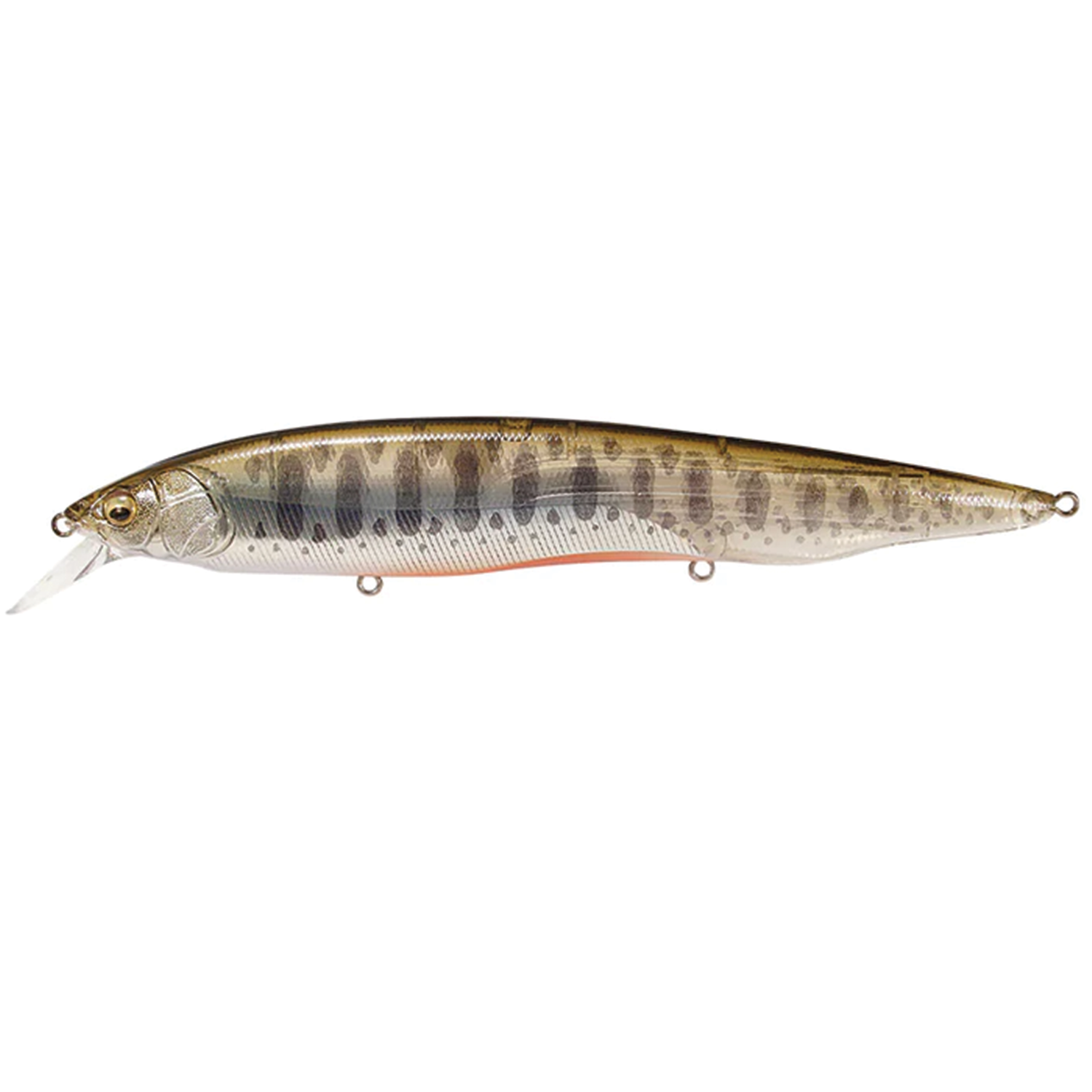 Megabass Kanata fishing lure with a sleek, elongated body featuring a natural fish pattern in shades of brown and gray, designed for realistic water movement and effective fishing tackle use.