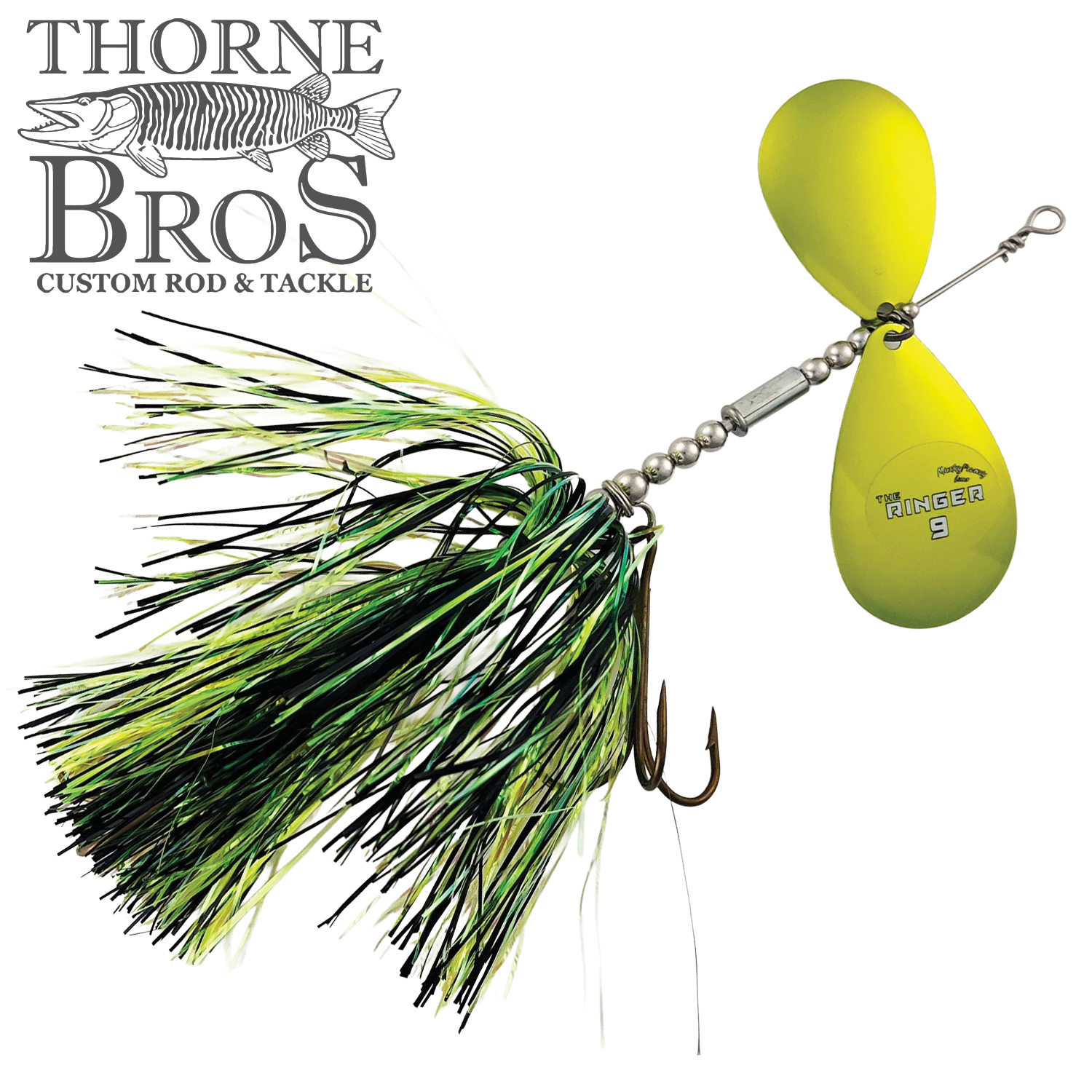 Close-up of a bright yellow spinnerbait fishing lure with black and chartreuse skirt strands, featuring two yellow blades and a treble hook labeled Musky Frenzy The Ringer 9.