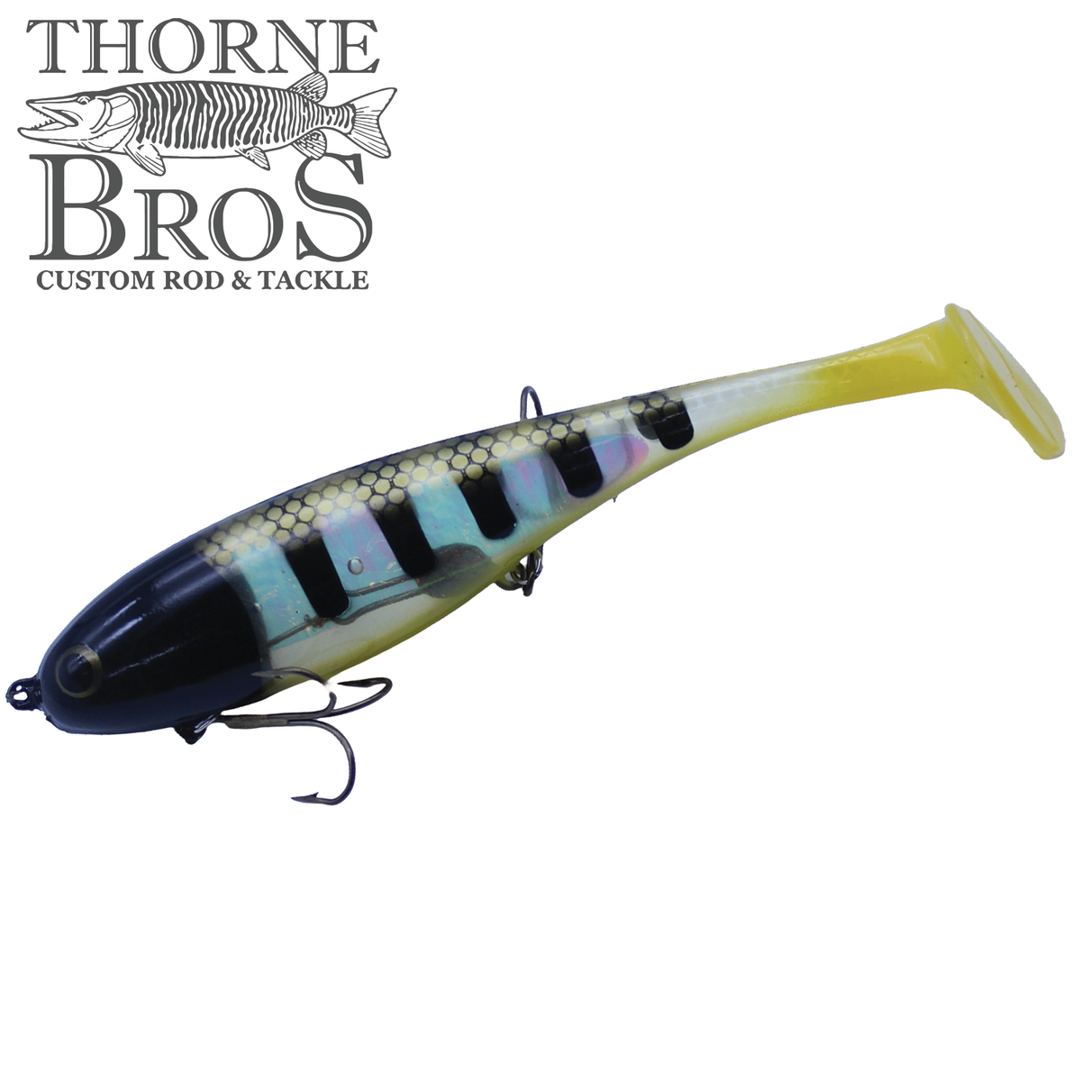 Musky Innovations Magnum Swimmin' Dawg - SHALLOW musky fishing lure with black head blue scale pattern yellow tail and treble hooks beside Thorne Bros logo