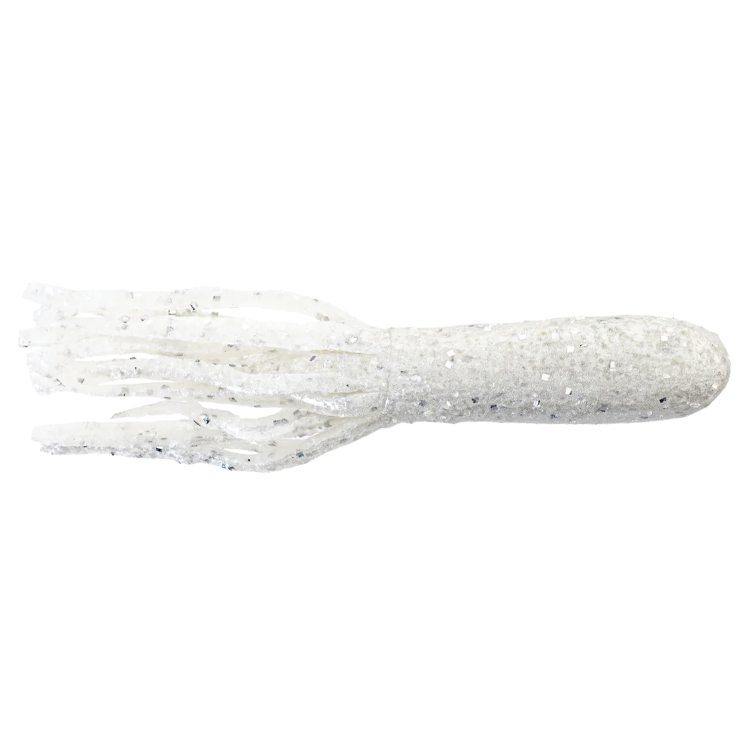 White soft plastic fishing lure with glitter flakes and multiple thin, flexible tentacles, designed for musky fishing as an X-Zone X-Tubes fishing tackle.