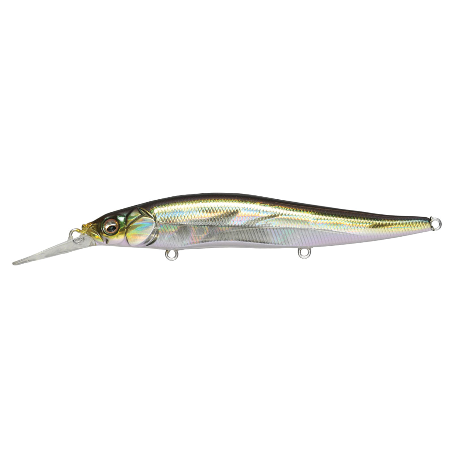 Megabass Vision 110+1 fishing lure with a slender, reflective body and detailed lifelike eyes, designed for effective fishing tackle use in freshwater environments.