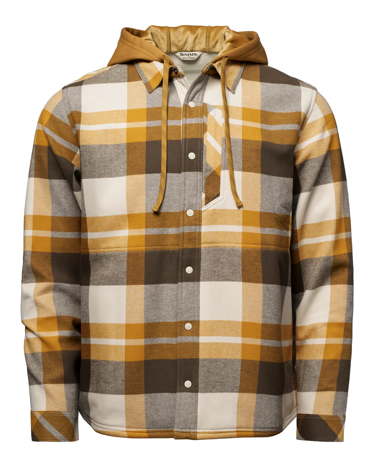 Simms Coldweather Hooded Shacket - Men's in brown tan gray and cream plaid with drawstring hood button front and long sleeves