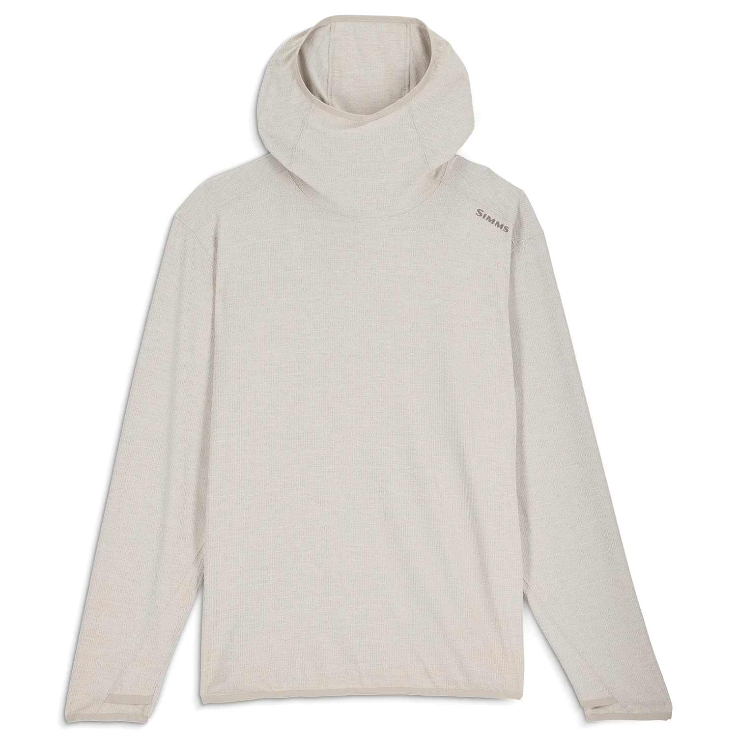 Simms Stone Cold Hoody - Men's in light beige, featuring long sleeves, a fitted hood, and moisture-wicking fabric designed for outdoor fishing activities.