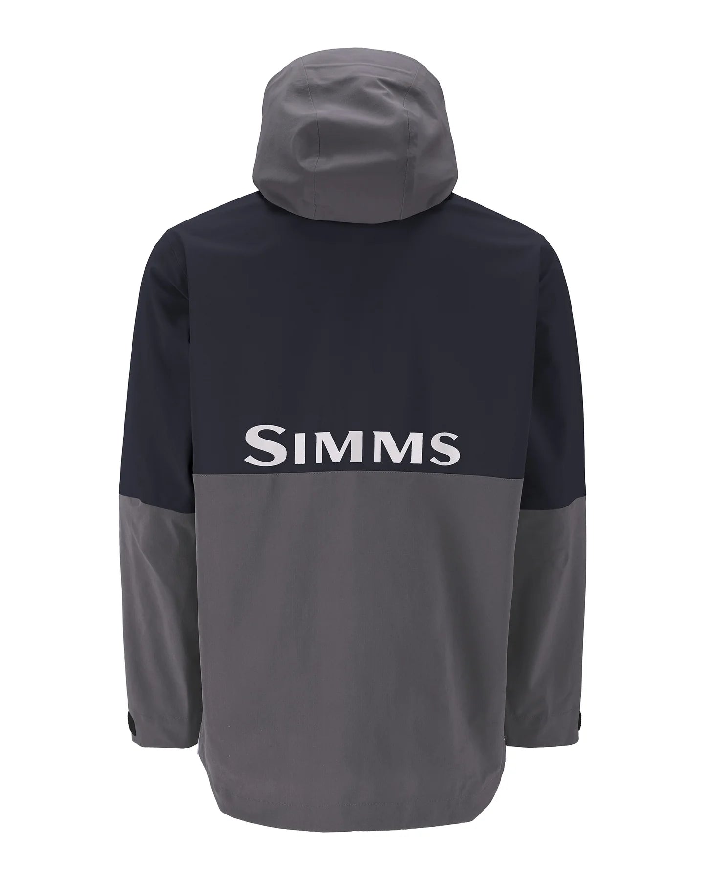Simms Men's Challenger Rain Jacket-Jet Black shown from the back, featuring a two-tone gray and black water-resistant design with an attached hood and adjustable cuffs.