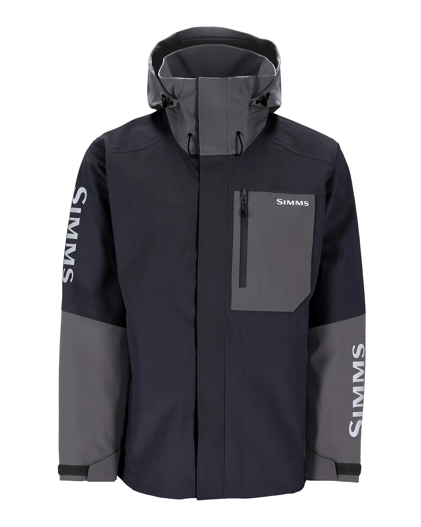 Simms Men's Challenger Rain Jacket-Jet Black in black and grey with adjustable hood, chest pocket with zipper, and logo on sleeves and chest, designed for fishing and outdoor use.