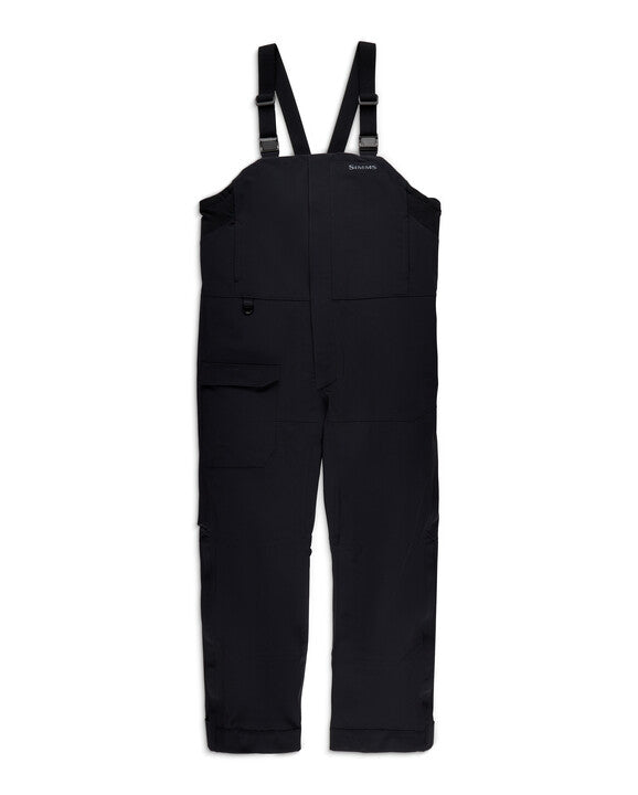 Simms Men's Challenger Rain Bib in black with adjustable shoulder straps, designed for waterproof protection and comfort during fishing activities.