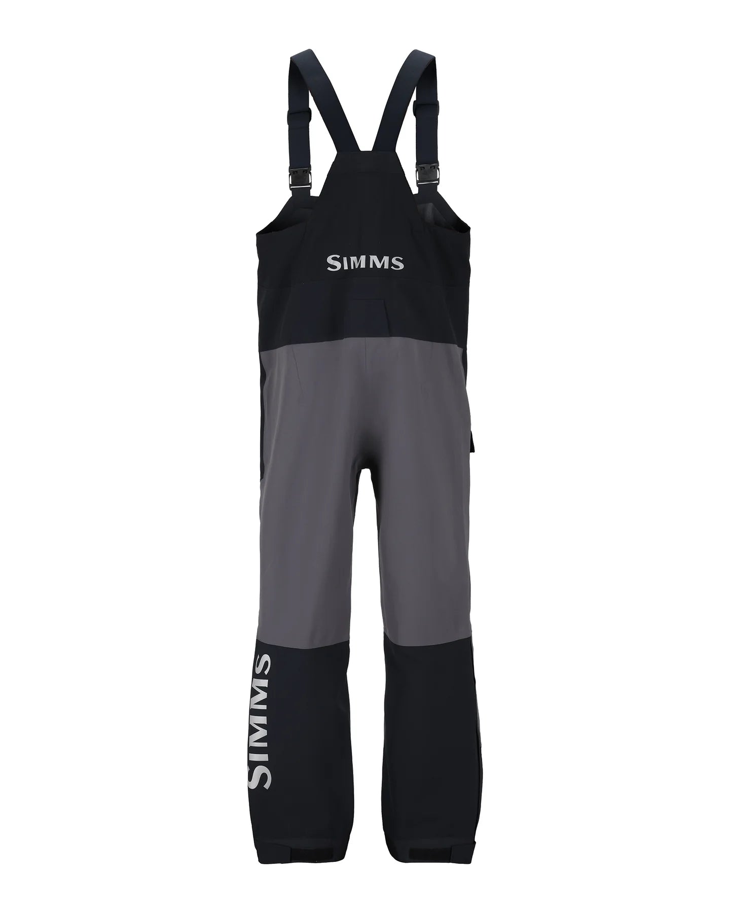 Simms Men's Challenger Rain Bib-Jet Black fishing bib with adjustable shoulder straps, waterproof fabric, and durable reinforced lower legs designed for wet weather conditions.