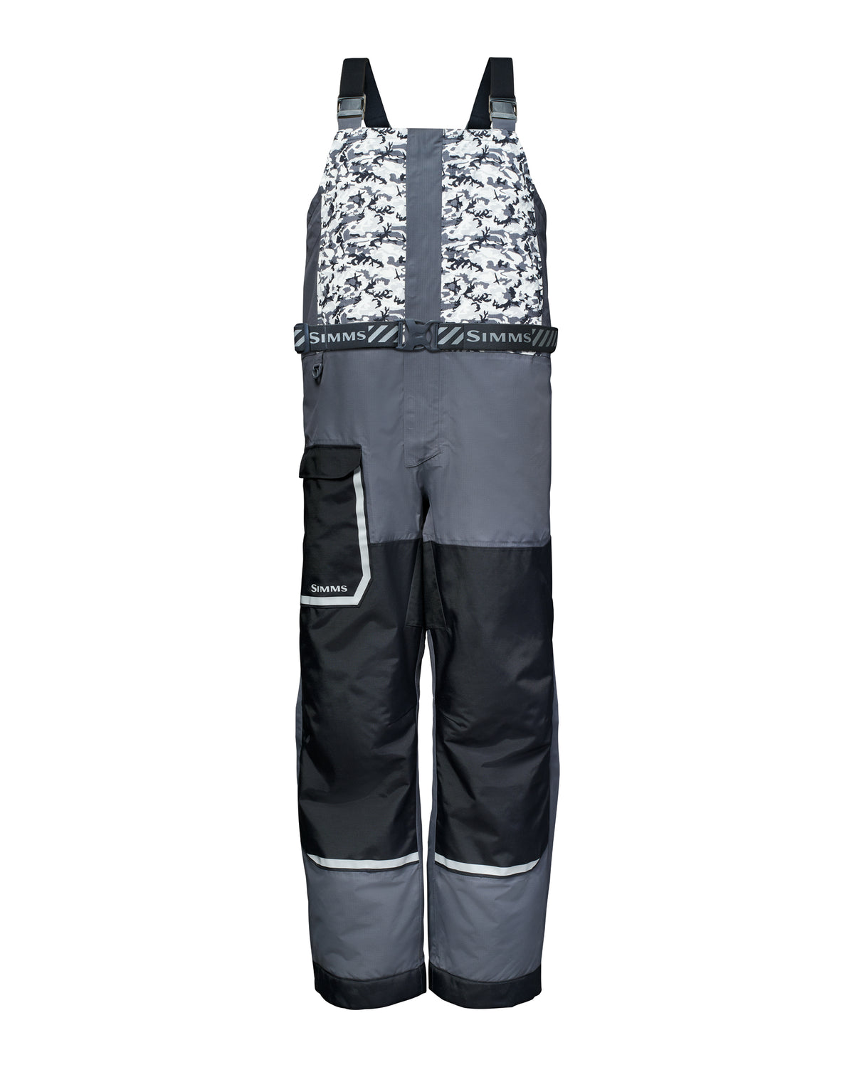 Simms Challenger Insulated Bib in gray and black with patterned chest panels adjustable suspenders cargo pocket and reflective leg accents for fishing protection
