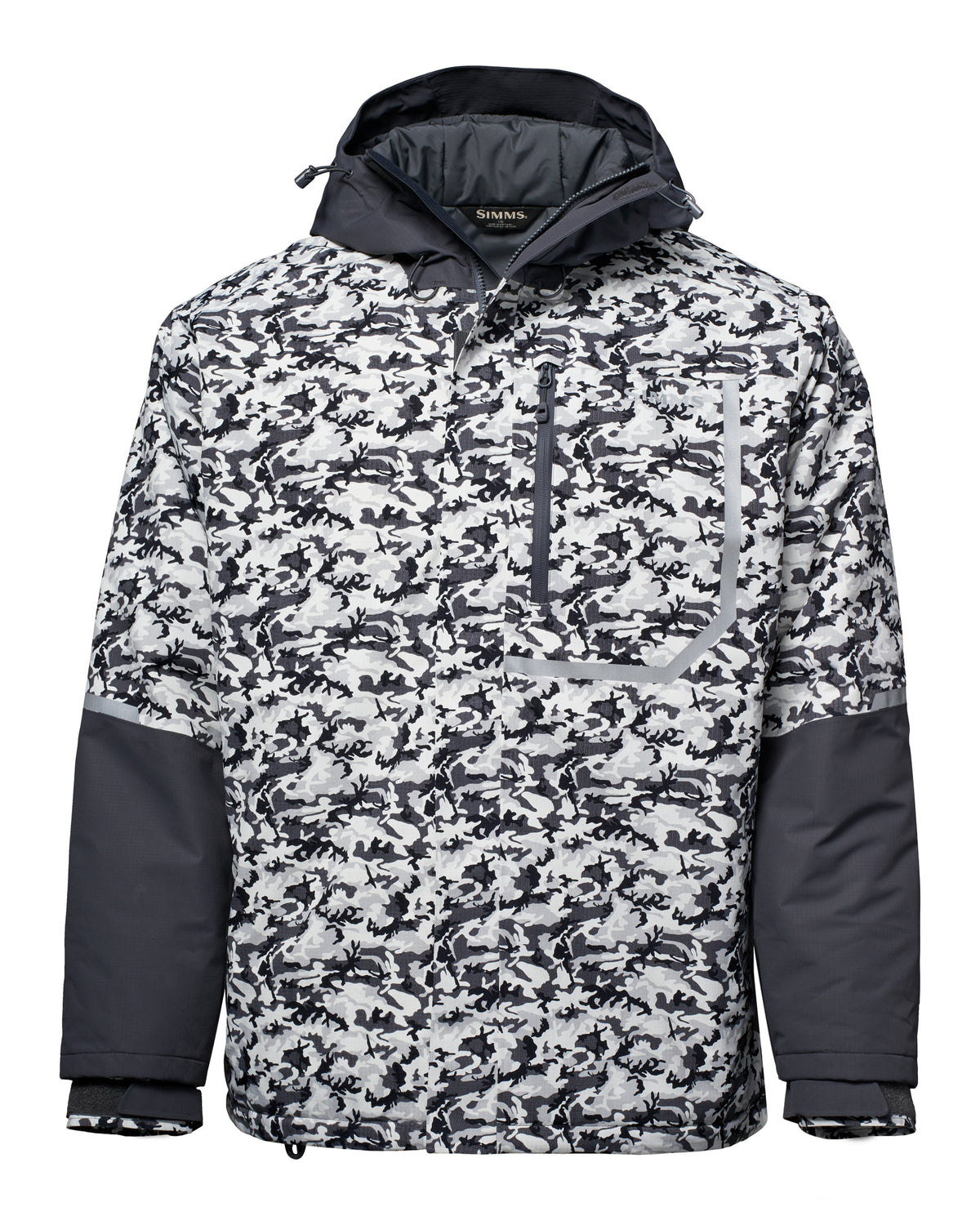 Simms Challenger Insulated Jacket in gray and black camouflage with hood and zippered chest pocket shown on a white background