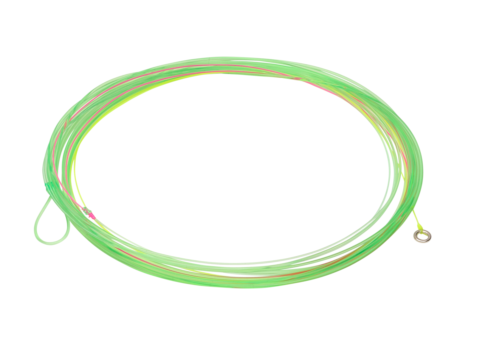 Coiled bright green Rio Euro Nymph leader fishing tackle with looped end and metal attachment, designed for precision fly fishing in freshwater environments.
