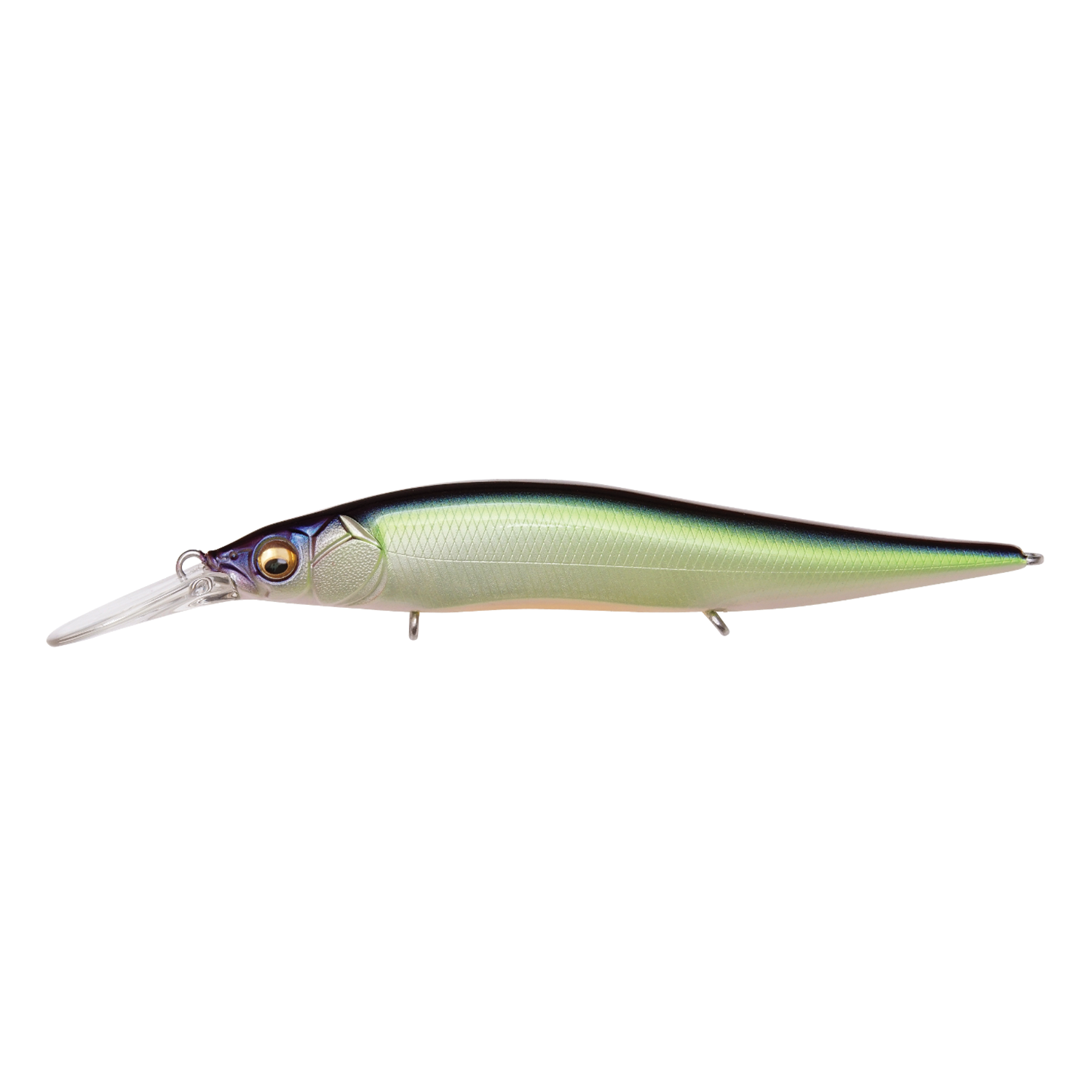 Megabass Vision 110+1 Jr. fishing lure with a streamlined body in metallic green and black, designed for precise movement in water, ideal for musky and freshwater fishing tackle.