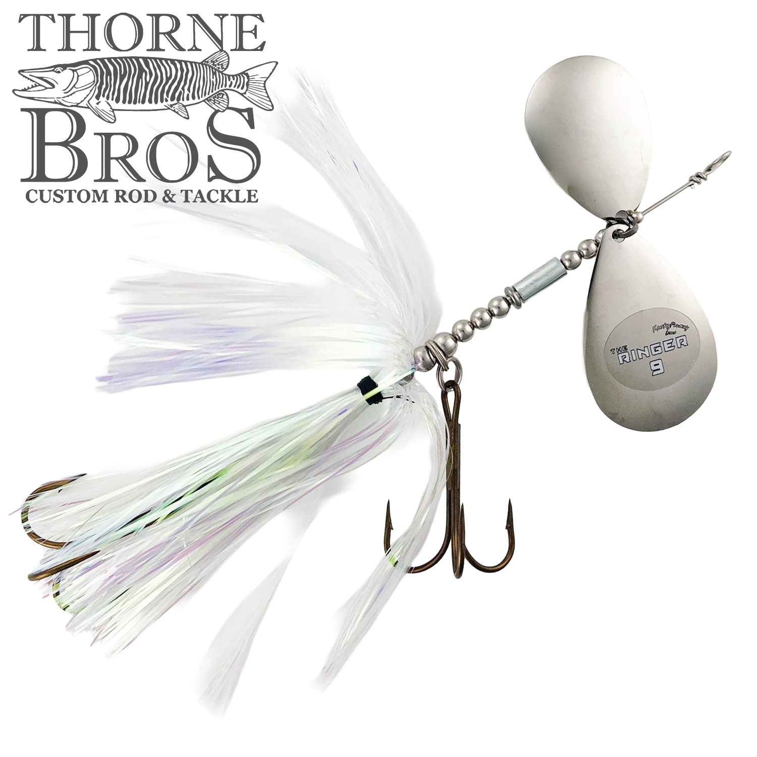 Musky Frenzy The Ringer 9 fishing lure featuring dual silver spinner blades and white feather skirt, designed for musky fishing with sharp treble hooks.