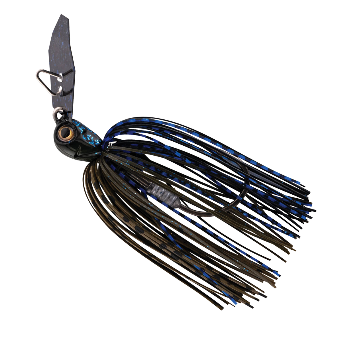 Z-Man Chatterbait Elite Evo HD fishing lure featuring a blue and black skirt with a weighted head and a metal blade, designed for effective fishing tackle use.