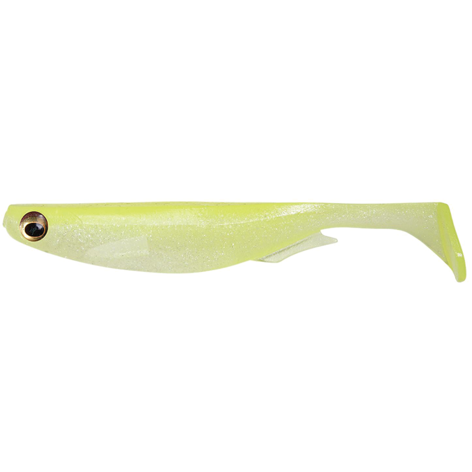 Megabass Spark Shad USA fishing lure in translucent yellow with glitter detail, featuring a lifelike fish shape and paddle tail for realistic movement in water.